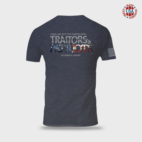 USA made patriot shirt with quote on the back, there are but two parties now "Traitors and Patriots